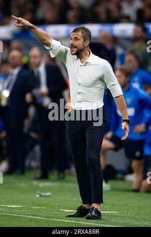 Alessio Dionisi, Cheftrainer von US Sassuolo, zeigt während des Serie-A-Fußballspiels zwischen US Sassuolo und Juventus FC. Stockfoto