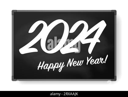 Schwarzes Brett mit elegantem Schriftzug „Frohes neues Jahr 2024“. Weiße Kreide auf schwarzem Hintergrund für Grußkarten, Kalender, Banner und mehr. Vektor Stock Vektor