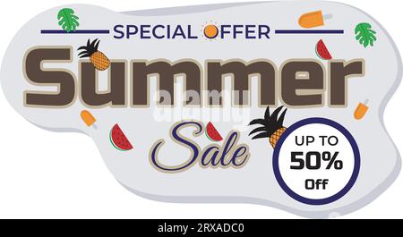 Kreatives Sommer-Sale-Banner in trendigen, hellen Farben mit tropischen Blättern und Rabatttext. Stock Vektor