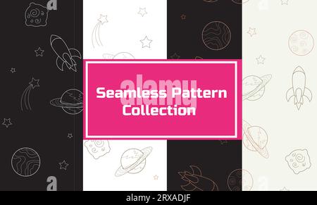 Nahtloses Muster aus der Doodle-Style-Kollektion, Rakete, Planet, Sterne nahtloses Muster, handgezeichnetes nahtloses Muster Stock Vektor
