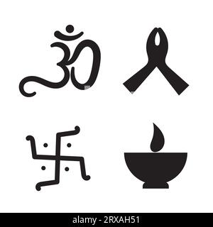 OM oder Aum, Haktik, Namaste, Diya-Symbol des Hinduismus Shilouette, 4er-Set Vektor-Illustration Stock Vektor