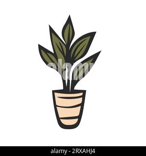 Pflanze im Topf unterbringen. Hand gezeichnetes Vektor-Zeichentrick-Doodle-Symbol auf weißem Hintergrund Stock Vektor