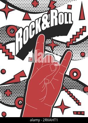 Poster für Rock-Events und Partys mit der Hörner-Geste, die im Rock und Heavy Metal verwendet wird, in hellen Farben auf einem abstrakten Hintergrund und kühner Typografie Stock Vektor