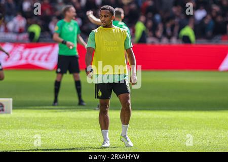 Amsterdam, Niederlande. September 2023. AMSTERDAM, NIEDERLANDE - 24. SEPTEMBER: Quinten Timber of Feyenoord während des niederländischen Eredivisie-Spiels zwischen Ajax und Feyenoord in der Johan Cruijff Arena am 24. September 2023 in Amsterdam, Niederlande. (Foto: Peter Lous/Orange Pictures) Credit: Orange Pics BV/Alamy Live News Stockfoto