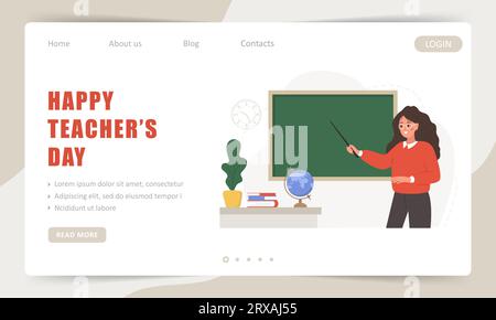 Glücklicher Lehrertag. Vorlage für Landing-Page. Lehrerin im Klassenzimmer mit Pointer am Schwarzen Brett. Schule und College-Konzept. Vektordarstellung in Stock Vektor