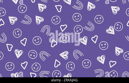 Nahtloses Liebesmuster mit Herz, Emoji, Xoxo und Sternen, Scribble Hand gezeichnetes Muster, Doodle nahtloses Muster auf violettem Hintergrund Stock Vektor