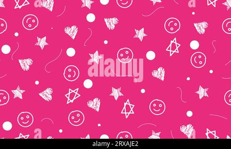 Nahtloses Liebesmuster mit Herz, Emoji und Sternen, Scribble Hand gezeichnetes Muster, Doodle nahtloses Muster auf rosa Hintergrund Stock Vektor
