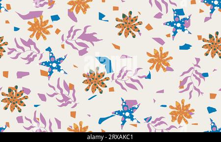 Nahtloser Terrazzo-inspirierter Hintergrund mit verstreuten abstrakten Formen, Chips, Blättern, Blumen und anderen botanischen Elementen. Stock Vektor