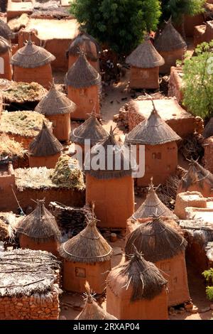 Blick auf Schlammhütten und Kornspeicher im Dorf Songo im Dogon Land, Mali Stockfoto