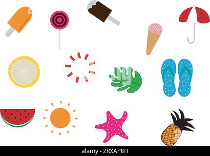 Set mit Sommer-Symbolen. Ikonen für tropischen Urlaub. Kollektion saisonaler Elemente, Eis, Ananas, Sternfische, tropische Blätter, Wassermelone, Zugang zum Strand Stock Vektor