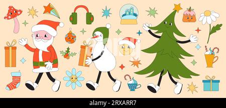 Frohe Weihnachten Groovy Set. Kollektion von Hippie-Urlaubs-Winterelementen im trendigen alten Animationsstil. Groovende Weihnachtsaufkleber. Stock Vektor