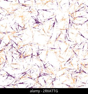Mehrfarbige, zufällige Pinselstriche auf weißem Hintergrund. Dünne Farbspritzer in verschiedenen Größen. Orange, Beige und Violett. Nahtloses Muster Stockfoto