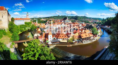 Panorama Blick über die Altstadt von Cesky Krumlov, Tschechische Republik. UNESCO-Weltkulturerbe. Stockfoto