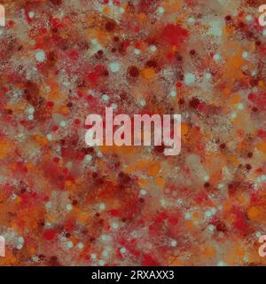 Blaue, rote, orange und braune chaotische Pinselstriche. Kleine Kreise und abstrakte Formen. Nahtloses Muster. Stockfoto