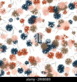 Braune, beigefarbene, blaue und khakifarbene abstrakte Blumen und Linien auf weißem Hintergrund. Nahtloses Muster. Stockfoto