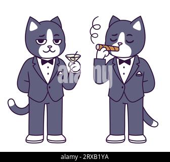 Tuxedo-Katze-Zeichentrickfigur. Lustige Katze in schwarzem Krawattenanzug mit Martiniglas und rauchender Zigarre. Niedliche Vektorillustration. Stock Vektor