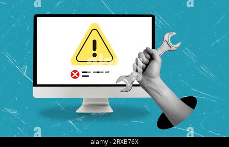 Collage, Hand mit Schlüssel, Monitor und Computerreparatur. Fehler auf dem Monitor. Moderne Kunst des Arbeitens am Computermonitor. Stockfoto