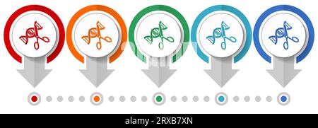 DNA, genetische Modifikationsvektorsymbolsatz, Infografikvorlage mit flachem Design, Symbole für das Set-Zeiger-Konzept in 5 Farboptionen für Webdesign und mobile App Stock Vektor