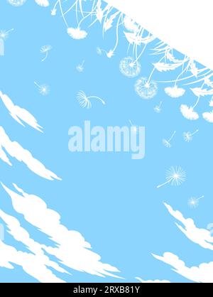 Sommerblauer Hintergrund mit Himmel, Gras und Löwenzahn, Blumen, Flusen und Wolken. Hallo Sommer. Deckschablone mit weißen Silhouetten auf blauem Backgrou Stock Vektor
