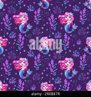 Nahtloses Muster mit einer süßen Meerjungfrau mit pinkem Haar und Algen. Vektorillustration für die Konstruktion. Niedliche kleine Meerjungfrau für Design auf blauem Hintergrund. Stock Vektor