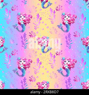 Nahtloses Muster mit einer süßen Meerjungfrau mit pinkem Haar und goldenem Algen auf einem Regenbogenhintergrund. Vektorillustration für die Konstruktion. Vektorillustration. Stock Vektor