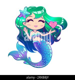 Kleine Meerjungfrau mit geschlossenen Augen, grünem Haar und Herz. Niedliche kleine Meerjungfrau für Design auf weißem Hintergrund. Vektorillustration. Stock Vektor