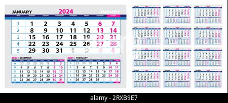 Vorlage für Wandkalender für 2024. Die Woche beginnt am Montag. 3 Monate auf einem Vorlagenblatt. Wochennummern. Unternehmens- oder Geschäftskalender, Büro Stock Vektor