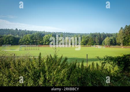 Ein kleiner, wunderschön gelegener Fußballplatz inmitten der Wälder. Frühmorgendlicht, Tau auf dem Gras. Region Roztocze, Krasnobród, Polen Stockfoto