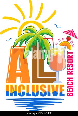 All-Inclusive-Strandresort. Einladungsschablone mit Meer, Sonne, Palme, Cocktail. Vektorwerbung für Sommerferien Stock Vektor