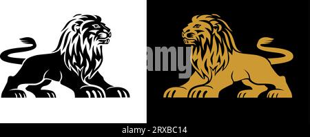 Vorlage mit Logo von Strong Lion King. Löwenschild, Emblem isoliert auf weißem und schwarzem Hintergrund. Vector Flat für Grafik- und Webdesign, Logo, Stock Vektor