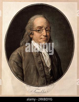 Benjamin Franklin Portrait, 1706 – 1790, farbiger Aquatint von P. M. Alix, 1790, nach C. P. A. van Loo. Stockfoto