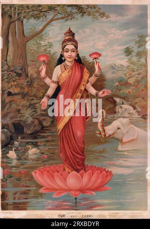 Lakshmi, hinduistische Göttin des Reichtums, des Glücks, der Macht, der Schönheit, der Fruchtbarkeit und des Wohlstands, Farblithographie, 1894 Stockfoto