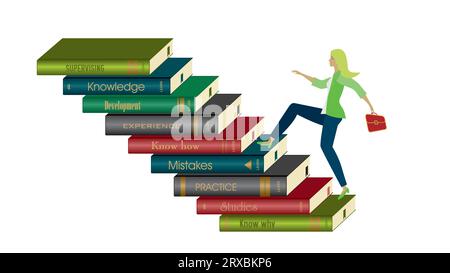 Eine Frau, die auf einem Bücherhaufen nach oben läuft. Isoliert. Vektorillustration. Stock Vektor