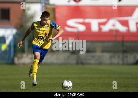 Beveren Waas, Belgien. September 2023. Beverens David Hrncar ist am Sonntag, den 24. September 2023 in Beveren-Waas, am 6/30. Tag der zweiten Liga der belgischen Meisterschaft 2023-2024 in der Challenger Pro League, in Aktion während eines Fußballspiels zwischen SK Beveren und RFC Lüttich. BELGA PHOTO KRISTOF VAN ACCOM Credit: Belga News Agency/Alamy Live News Stockfoto