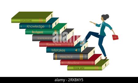 Eine Frau, die auf einem Bücherhaufen nach oben läuft. Isoliert. Vektorillustration. Stock Vektor