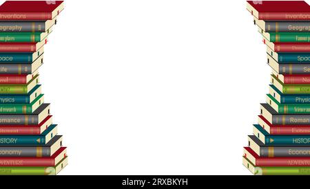 Rahmen mit Büchern und Ganzem, um Ihre Botschaft zu vermitteln. Buchverkauf und Wissen, Bibliothek. Abmessung 16:9. Vektorillustration. Stock Vektor