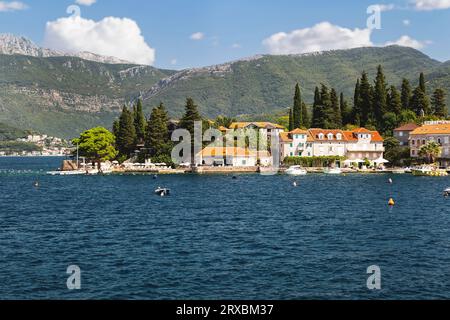 Rosendorf im Morgenlicht, Halbinsel Lustica, Luštica, Herceg Novi, Kotor Bucht, Montenegro Stockfoto