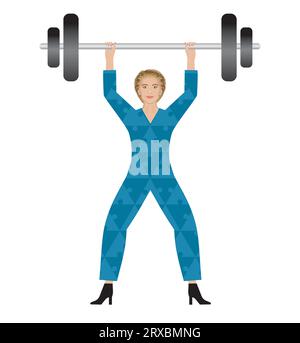 Starke Frau Gewichtheben. Kleidung mit Puzzleteilen-Muster tragen. Isoliert. Vektorillustration. Stock Vektor