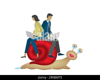 Mann und Frau mit Laptops, die auf einer Schnecke reiten. Isoliert. Vektorillustration. Stock Vektor