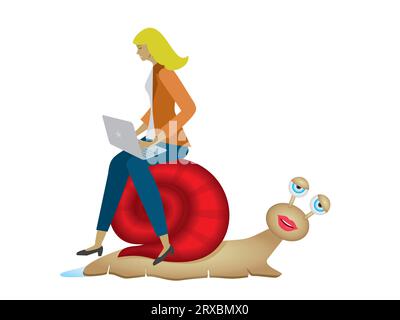 Frau mit Laptop, die auf müder Schnecke reitet. Isoliert. Vektorillustration. Stock Vektor