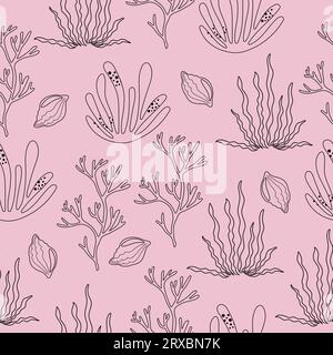 Handgezeichnete nahtlose Musterlinie Kunst Algen. Vektordesign auf rosafarbenem Hintergrund. Stock Vektor