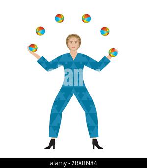 Eine Frau, die mit Eiern jongliert. Multitasking, Koordinate. Isoliert. Vektorillustration. Stock Vektor