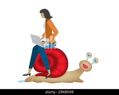 Frau mit Laptop, die auf müder Schnecke reitet. Isoliert. Vektorillustration. Stock Vektor