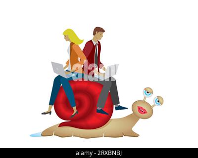 Mann und Frau mit Laptops, die auf einer langsamen, müden Schnecke reiten. Isoliert. Vektorillustration. Stock Vektor