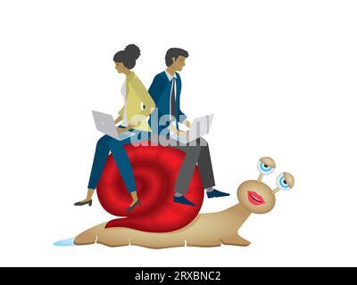 Mann und Frau mit Laptops, die auf einer langsamen, müden Schnecke reiten. Isoliert. Vektorillustration. Stock Vektor