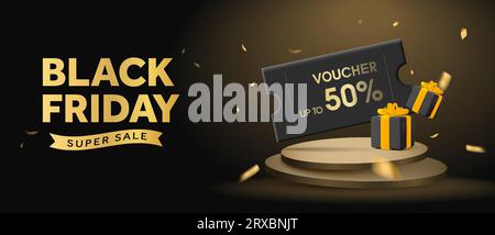 Black friday Super Sale Bannerschablone mit Goldband, Gutschein oder Gutschein, Geschenkbox, Band, Podium. Premium-Rabattkarte für Veranstaltungen. 3D-Produktpräsentation isoliert im Hintergrund. 3D-Vektorillustration. Vektorillustration Stock Vektor