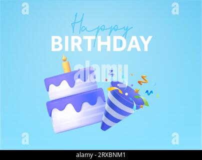 Geburtstagskarte und Bannerschablone mit Geburtstagskuchen und Konfetti. 3D gerendertes Geburtstags- und Konfettisymbol isoliert auf dem Hintergrund. 3D-Vektorillustration. Vektorillustration Stock Vektor