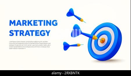 Marketingstrategie- und Planungs-Service-Bannervorlage mit blauem Bull-Eye-Ziel und Pfeilen. Konzept der Landing-Page für Marketingagenturen. 3D-gerendertes Zielsymbol isoliert. 3D-Vektorillustration. Vektorillustration Stock Vektor