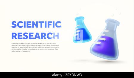 Banner-Vorlage für wissenschaftliche und chemische Forschung mit Tränken, Chemikaliengläsern. Chemiekurs und Konzept der Landing-Page im Labor. Symbol für 3D-gerenderten Trank isoliert im Hintergrund. 3D-Vektorillustration. Vektorillustration Stock Vektor