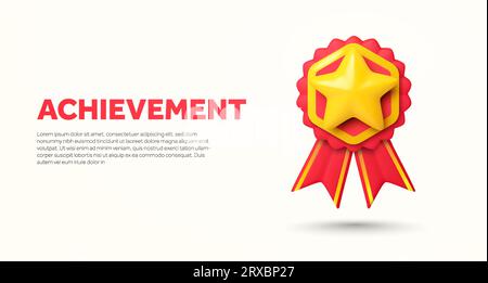 3D-Bannervorlage für Erfolg und Erfolg mit roter Medaille und goldenem Stern. Konzept der Landing-Page für den Wettbewerb. 3D gerendertes Symbol für die Premium-Medaille isoliert auf dem Hintergrund. 3D-Vektorillustration. Vektorillustration Stock Vektor